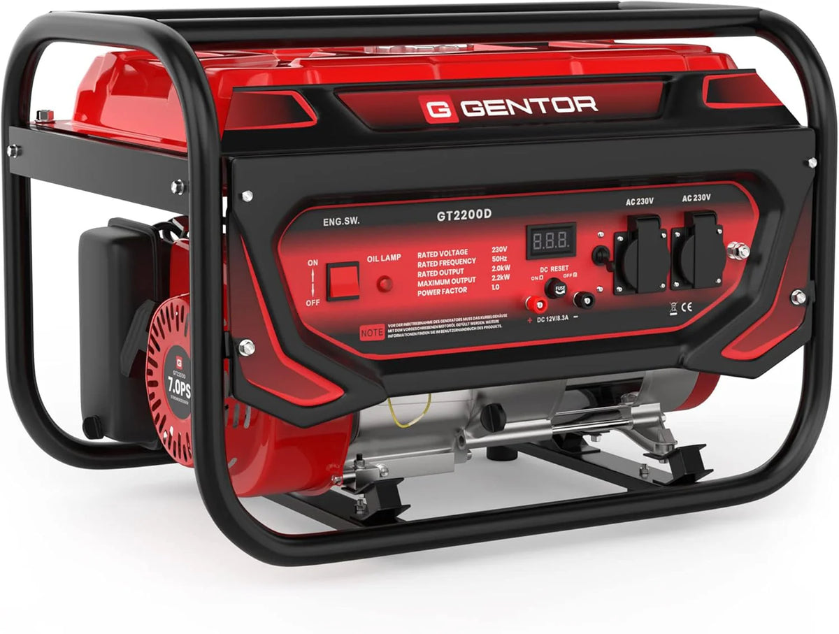 Gentor Generator Prądu Awaryjnego Benzyna Cichy 2200 Watt 7.0Hp, Generatory Prądu 4-Suwowy Silnik Benzynowy, 2X 230V, 1X 12V, Pull-Start, Dla Kempingu