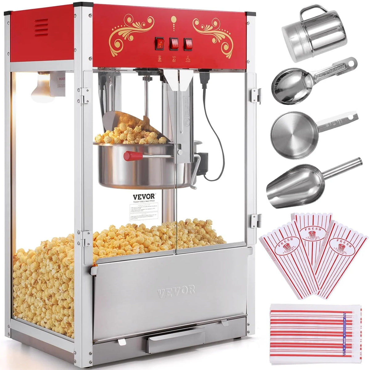 Vevor Maszyna Do Popcornu, 566 X 392 X 862 Mm Elektryczna Maszyna Do Popcornu 1615 W, Czajnik 0,45 Kg Ze Szkła Hartowanego, Maszyna Do Popcornu Na Stó