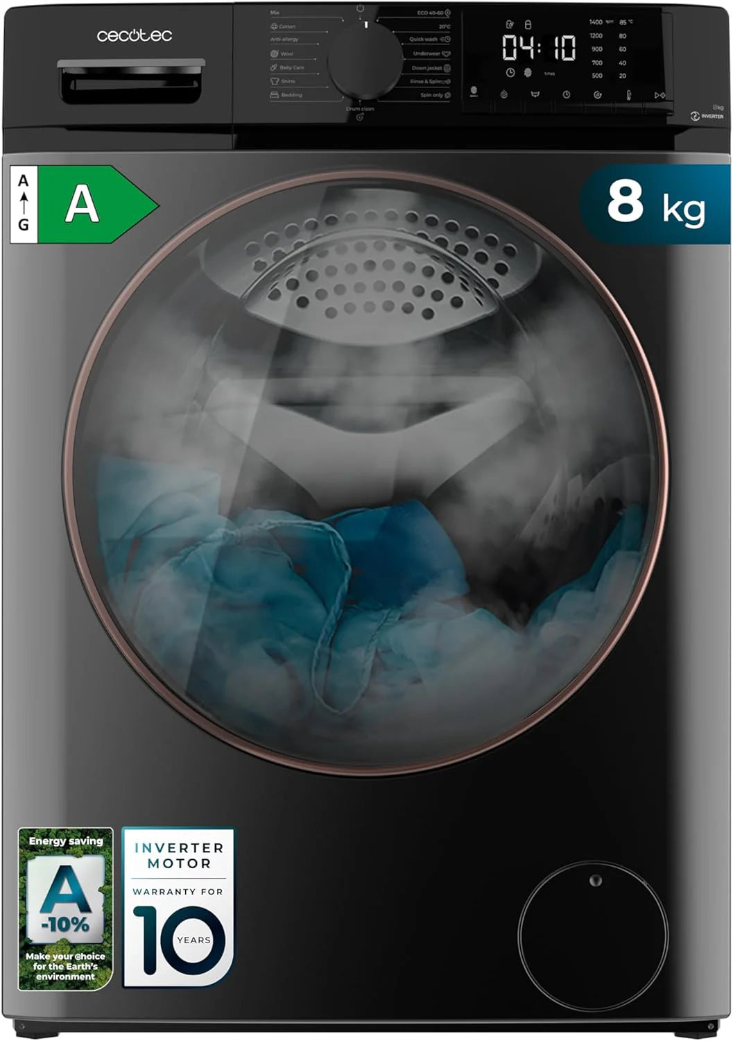 Cecotec Pralka 8 Kg - Bolero Ładunek Front Dresscode 8610 Inverter Steel A. 1400 Obr./Min, Steam Max, Motor Inverter Plus, 15 Programów, Onsmart, Smoo