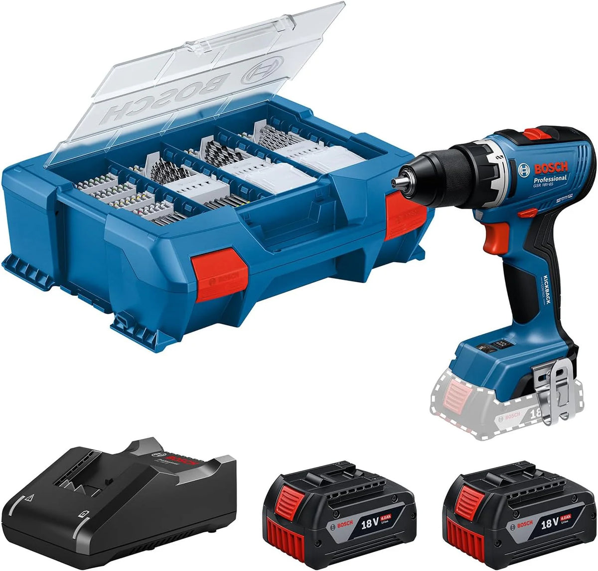 Bosch Professional 18 V Firmy Bosch: Wiertarko-Wkrętarka Akumulatorowa Gsr 18V-65 (Silnik Bezszczotkowy, Długość Korpusu 166 Mm, 2 Akum. Gba 4.0Ah, 82