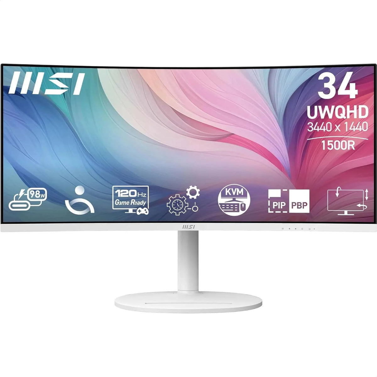 Msi Nowoczesny Md342Cqpw 34'' Ekran Pc Uwqhd Zakrzywiony 1500R - Panel Va 3440 X 1440, Kvm, Pip/Pbp, Szeroka Gama Kolorów, Komfort Oczu, Wbudowane Gło